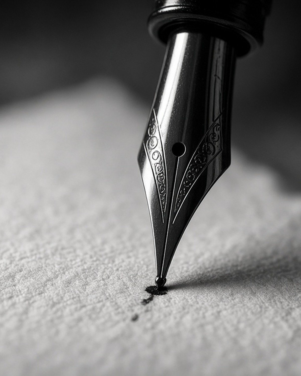 An engraved fountain pen nib touching textured paper, leaving a drop of ink