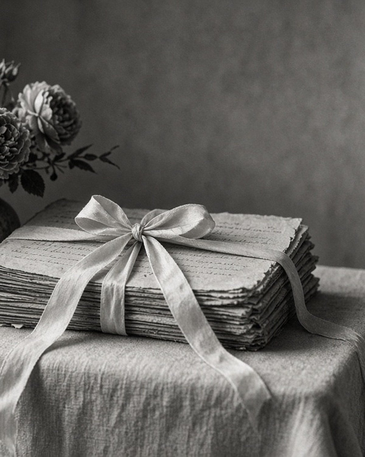 A bundle of ribbon-tied letters on a linen table beside a vase of roses