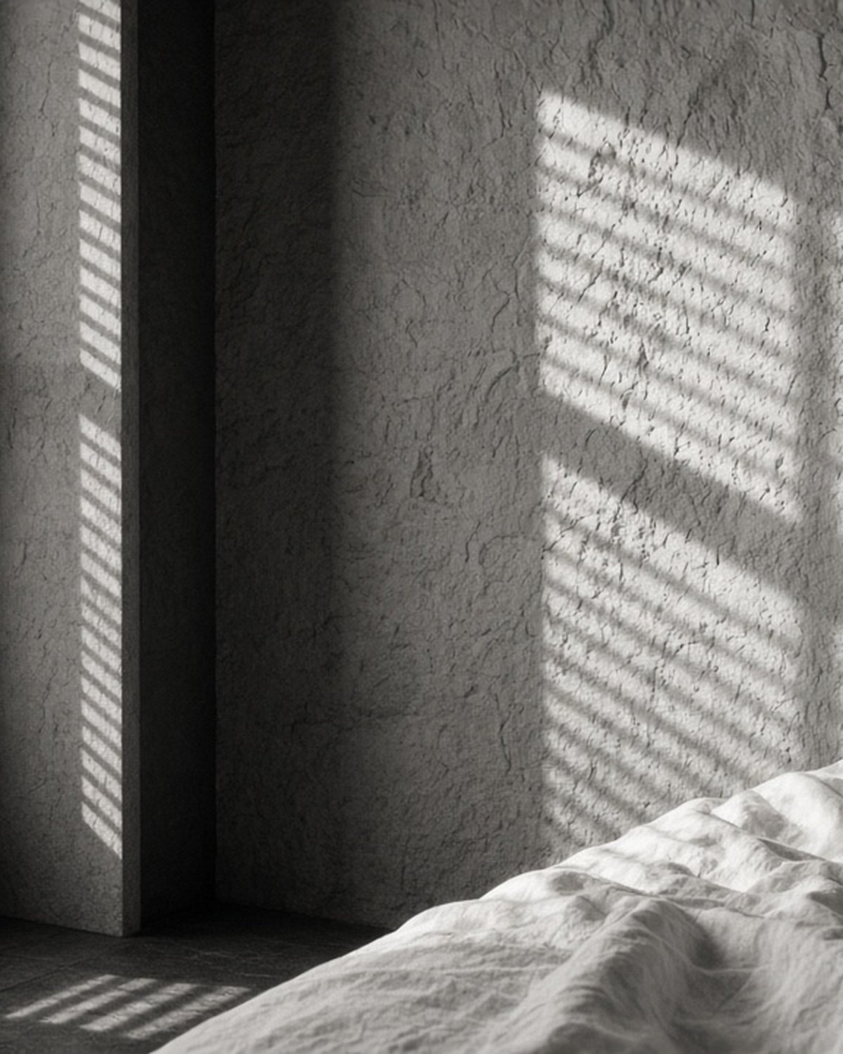 Morning light striping a textured limestone wall and white linen through wooden shutters
