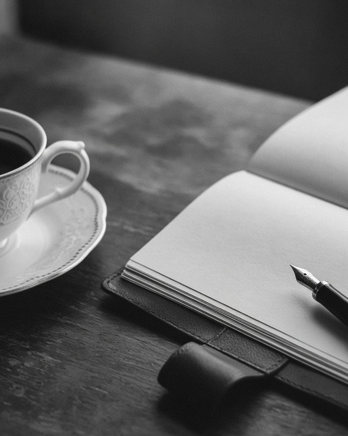 A porcelain cup, an open notebook and a fountain pen on a dark wooden table